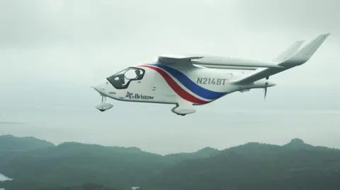 Electric aviation awaits a battery breakthrough Beta Technologies The electric aircraft Alia in flight. It's a small aircraft with one propeller at the back and a blue and red stripes on the white fuselage.