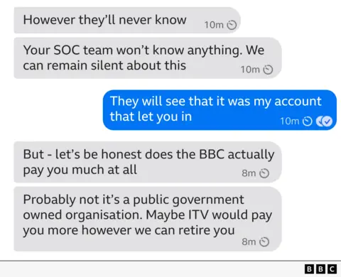 The hacker sends the reporter a message saying "lets be honest does the BBC actually pay you much at all" "We can retire you" 