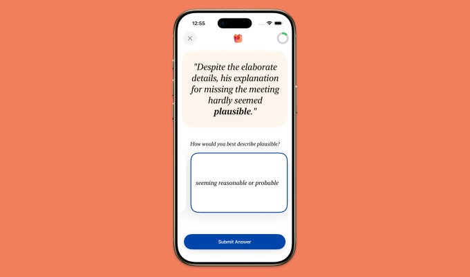 A screenshot of LookUp word learning app that shows a screen that displays an example to understand a new word 