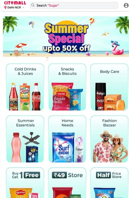 Indian grocery startup Citymall raises $47M to challenge ultra-fast delivery giants A screenshot showing the landing page of grocery delivery website Citymall that shows different categories of items that you can order.