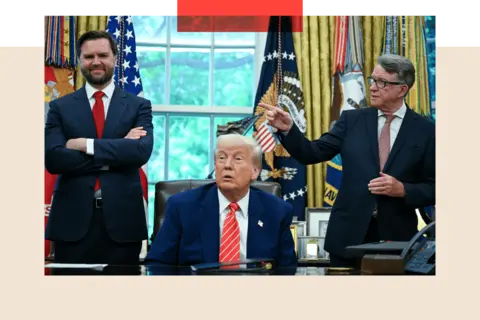 Why Trump's UK state visit is mired with potential pitfalls Jim Watson/AFP via Getty Images US President Donald Trump looks on as Lord Mandelson speaks during a trade announcement in the Oval Office of the White House in Washington, DC