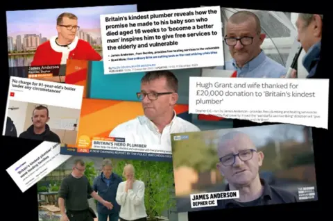 'Hero' plumber James Anderson's firm breached multiple rules, report finds Graphic showing a collage of images of James Anderson's media appearances and headlines about his work