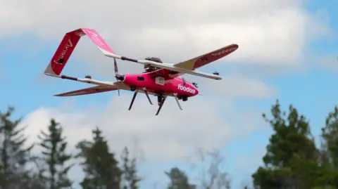 Will drones deliver your next hot food order? Aviant The pink Foodora drone flying against the sky with treetops in the distance.