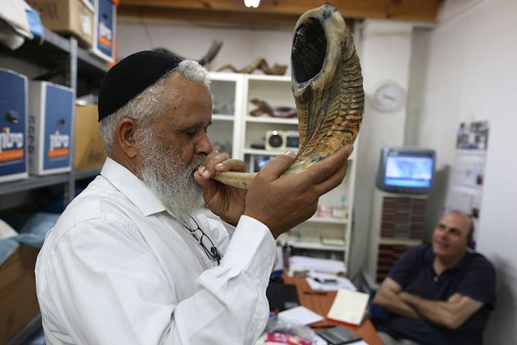 How the spiritual sound of the shofar shapes the Jewish new year – a Jewish studies scholar explains A man in a black skullcap and white shirt, who has a long white beard, blows into a large animal horn.