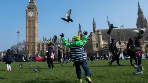 Families are priced out of London, Assembly told AFP via Getty Images A group of children standing and running around on green space in front of the Houses of Parliament, with one boy in a coat and hat chasing away two pigeons.