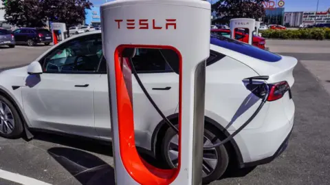 The striking Swedish workers taking on carmaker Tesla AFP via Getty Images A Tesla car being charged in Sweden