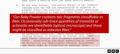 Thousands sue company alleging it hid talcum powder cancer risks Image of quote from a document, reading: Our baby powder contains talc fragments classifiable as fiber. Occasionally sub-trace quantities of tremolite or actinolite are identifiable (optical microscope) and these might be classified as asbestos fiber."