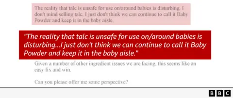 Thousands sue company alleging it hid talcum powder cancer risks Image of quote from a document, reading: "The reality that talc is unsafe for use on/around babies is disturbing...I just don't think we can continue to call it baby powder and keep it in the baby aisle."
