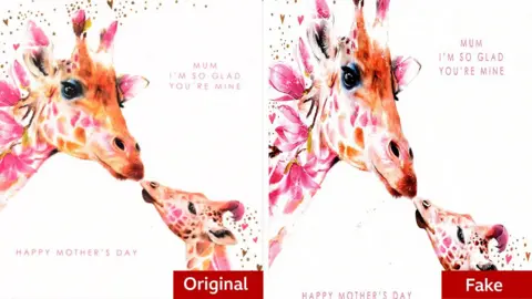 Temu agrees to remove rip-off greeting cards more quickly BBC/Lola Design Two versions of the same design of Mother's Day card with the one on the left marked as original and the one on the right marked as fake. The card shows a big giraffe painted in oranges and pinks a little giraffe. It has the words Mum I'm so glad you're mine, Happy Mother's Day. The fake image is distorted and poor quality.