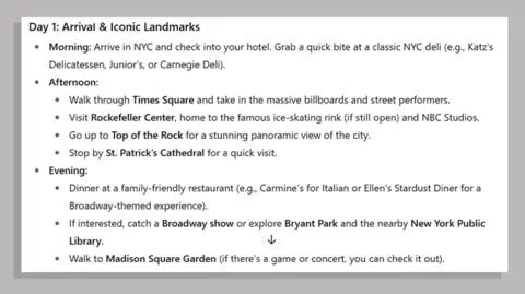 David Harris A list of activities in New York city suggested to David Harris by ChatGPT. They include having lunch at a traditional deli, visiting the Rockefeller Center and taking in a Broadway show.