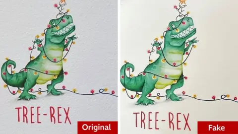 Temu agrees to remove rip-off greeting cards more quickly BBC/Citrus Bunn Two versions of the same design of Christmas card with the one on the left marked as original and the one on the right marked as fake. The card shows a painting of a green dinosaur grinning and tangled in Christmas tree lights. The card text says Tree-Rex. The fake card looks faded and poorer quality with a lack of texture and depth to the painting.