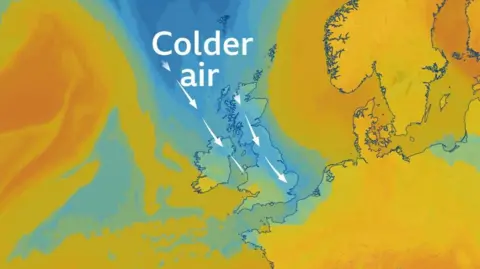 When should you turn the heating on? Airmass chart showing cold air (represented by the blue colours) spreading down from the arctic across the UK