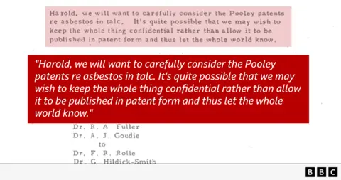 Thousands sue company alleging it hid talcum powder cancer risks Image of quote from a document, reading: "Harold, we will want to carefully consider the Pooley patents re asbestos in talc. It's quite possible we may wish to keep the whole thing confidential rather than allow it to be published in patent form and thus let the whole world know."