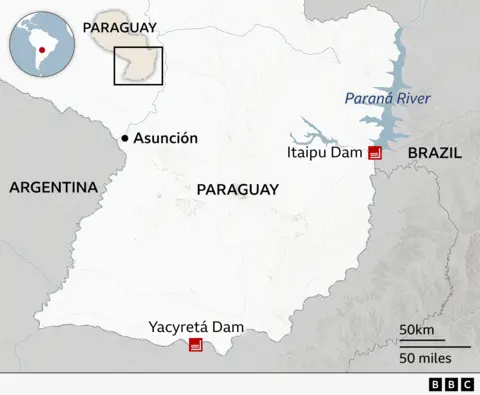 A map showing the location of Paraguay's two main hydroelectric dams