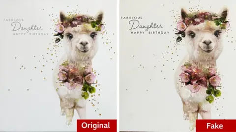 Temu agrees to remove rip-off greeting cards more quickly BBC/Lola Design Two versions of the same design of birthday card with the one on the left marked as original and the one on the right marked as fake. The card shows a painting of a fluffy white alpaca with a floral headband on and holding flowers. The card text says fabulous daughter happy birthday. The fake card is darker and the brush strokes, texture and gilding are lost.
