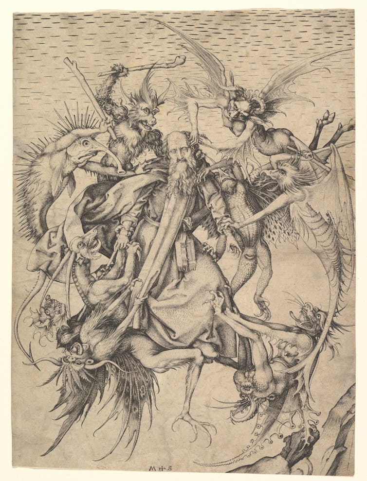 Engraving of a man surrounded by devilish creatures tearing at and beating him