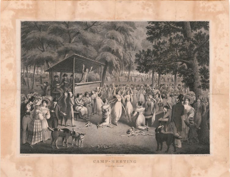 How a ‘big ditch’ transformed America’s economy, culture and even religion A faded black-and-white illustration of a small crowd in front of a speaker's stand in a clearing amid trees.