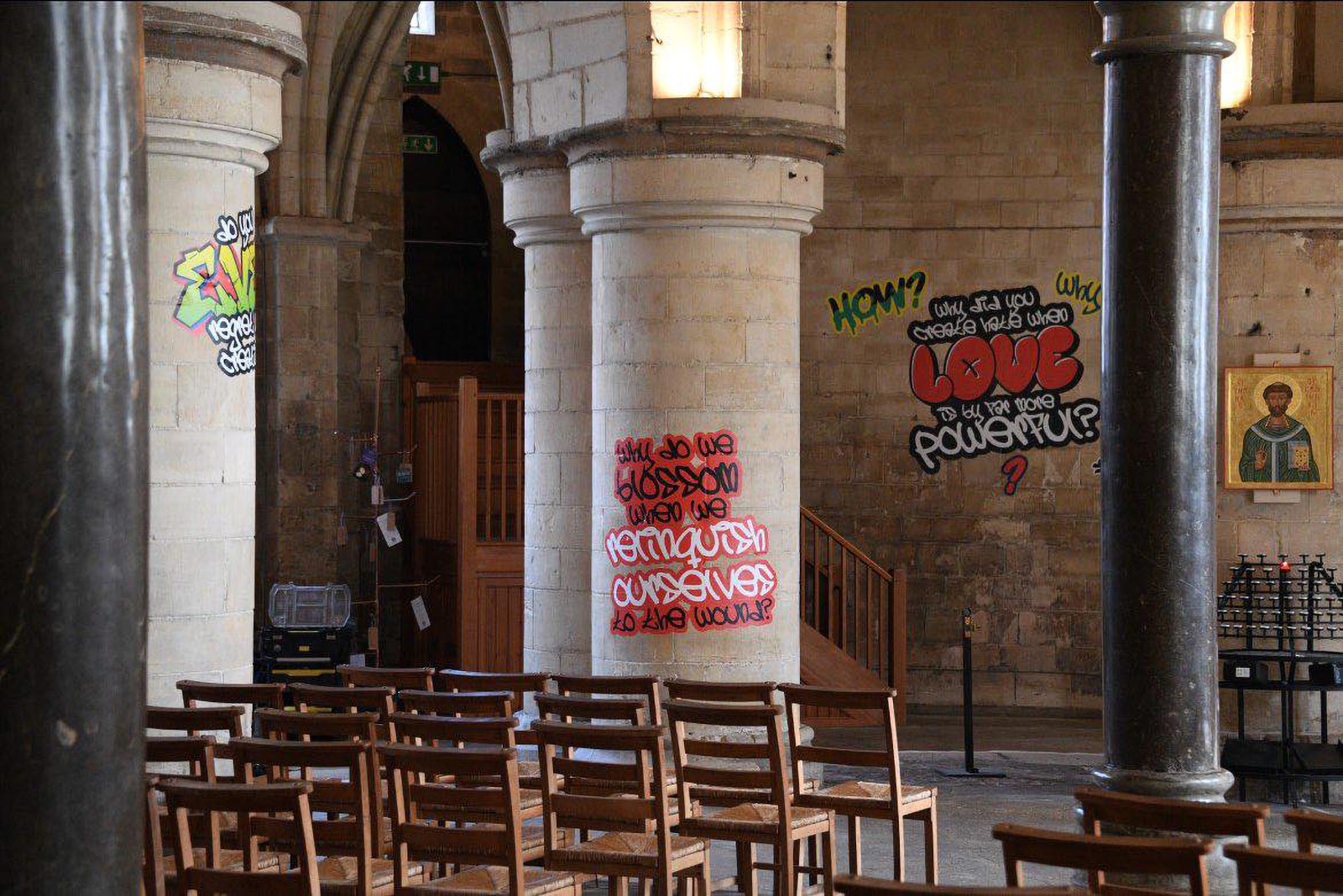 webRNS Canterbury Graffiti1 Rejecting comments by Vance and Musk, UK cathedral paints graffiti show as 'meaningful'