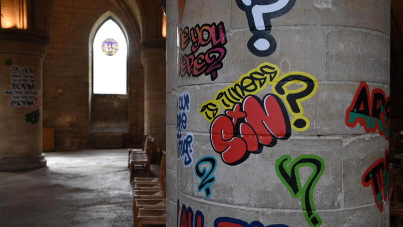 Rejecting comments by Vance and Musk, UK cathedral paints graffiti show as 'meaningful' webRNS Canterbury Graffiti4 Rejecting comments by Vance and Musk, UK cathedral paints graffiti show as 'meaningful'
