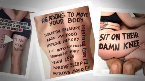 Georgina Cox A collection of Georgina Cox's Instagram posts in white frames together. The one on the left is a picture of a man's leg next to a woman's leg with a caption reading 'Your body is deserving of love regardless of it's weight height or shape. The picture on the right is of a woman sat on a man's lap with the words 'Sit on their damn knee' written in black on the woman's legs. The central picture is a checklist of reasons to exercise written on a person's back.