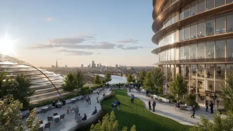 PA Media An artist's impression of a riverside view of a new development in London's Canary Wharf 