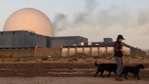 Getty Images A man walks a pair of black dogs past the Sizewell nuclear power station in the background
