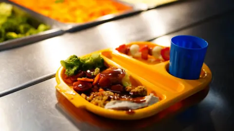 PA Media An orange tray with a cooked school dinner on it. 