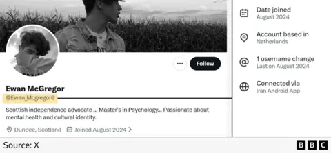 A BBC graphic showing (left) the account header for "Ewan McGregor" and (right) the account data which says "account based in the Netherlands and connected via Iran Android App".