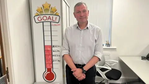 Dave Mead, head of the Victim Care and Support Service standing next to a wall chart showing how much money they've managed to get refunded to fraud victims through their advocacy work
