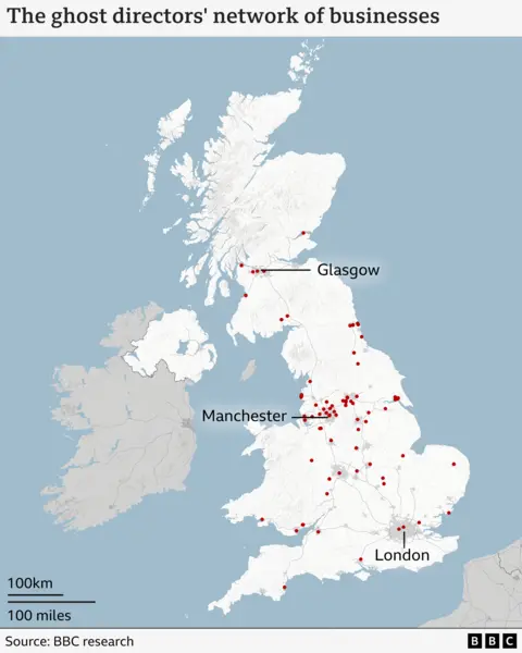 Crime network behind UK mini-marts is enabling migrants to work illegally A map of the United Kingdom which shows the ghost directors' network of businesses. They are represented by red dots and there are markers for Glasgow, Manchester and London.