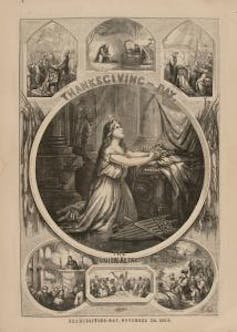 How the Plymouth Pilgrims took over Thanksgiving – and who history left behind Several small black-and-white illustrations around a larger one of a woman with long hair and a star headdress kneeling in prayer.