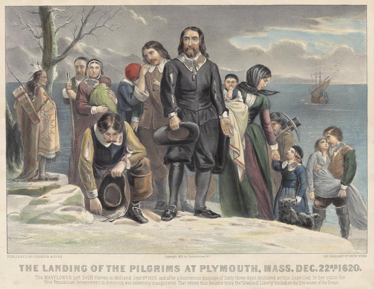 How the Plymouth Pilgrims took over Thanksgiving – and who history left behind An illustration in faded colors of a group of men and women standing, a bit disoriented, on a hill beside the ocean.