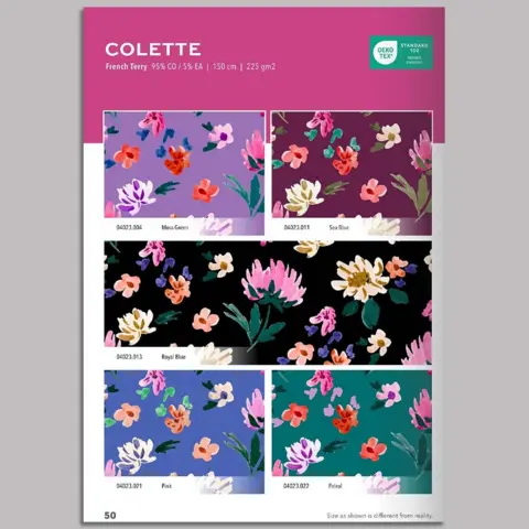 Verhees Screenshot of Verhees website with what Clémence Albertus says is her pattern design featured n the Nerida Hansen x Verhees collectioni. The webpage shows samples of the same floral print in different colours, including black, purple and dark green.