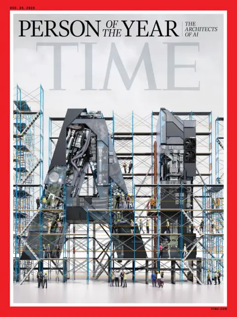 Time The other Time cover shows the letters AI, with construction workers surrounding it. It is as if they are building a giant statue of the letters out of computer parts.