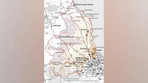 Northumberland National Park Authority A map of Northumberland with lots and lots of red dots showing where off-grid properties are. They are clustered to the west and north of Newcastle. 