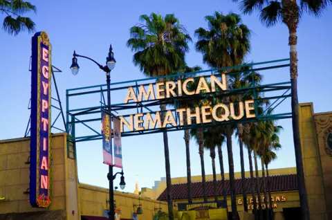 Getty Images A look at the outside of the Egyptian Theater in Los Angeles. Its name is lit in lights on the marquee and another neon sign reads "American Cinematheque"