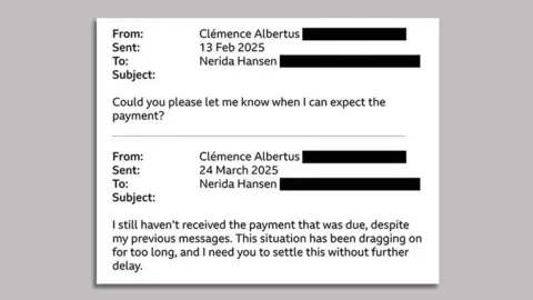 Shoppers loved Australia's 'fabric queen'. Then, order by order, her story fell apart Graphic of emails sent to Nerida Hansen by Clémence Albertus. The first is sent by Ms Albertus on 13 February 2025 and says: "Could you please let me know when I can expect the payment?" The second email is sent by Ms Albertus on 24 March 2025: "I still haven't received the payment that was due, despite my previous messages. This situation has been dragging on for too long, and I need you to settle this without further delay."