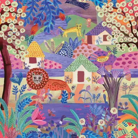 Gabriela Larios A vibrant colourful illustration of a countryside scene with a lion, tiger, peacock, plants, trees and hills