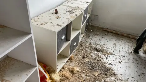 A dirty, cluttered room with white shelving units and cube storage drawers. The surfaces and floor are covered in debris, dirt, and insulation material. A torn bag of pet food lies on the floor near the shelves, and the wall and skirting board show signs of damage and grime. The overall scene appears neglected and in disrepair.