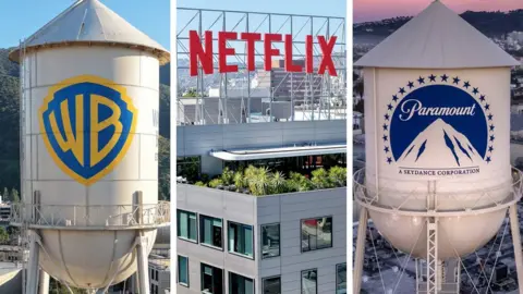 Getty Images A composite image showing a water tower with the Warner Bros logo, the Netflix sign over a building in LA, and the Paramount logo on another water tower.