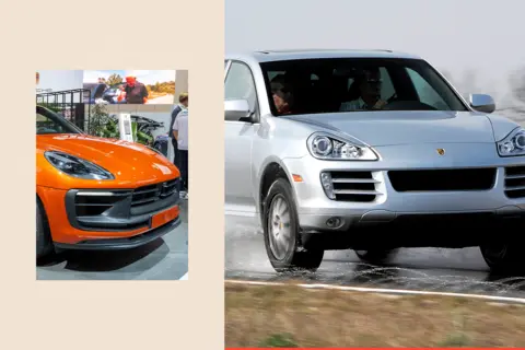 Getty Images and Bloomberg via Getty Images On the left a Porsche Macan compact performance crossover SUV and on the right is a 2008 Porsche Cayenne Turbo 

