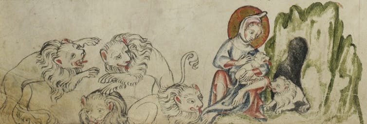 The Bible says little about Jesus’ childhood – but medieval Christians enjoyed tales of him as holy ‘rascal’ An illumination of a pack of lions looking at a young boy with a halo who is stroking a cub outside a cave.