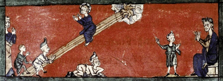 An illustration with a red background shows several boys in tunics playing on a large, slide-like structure.