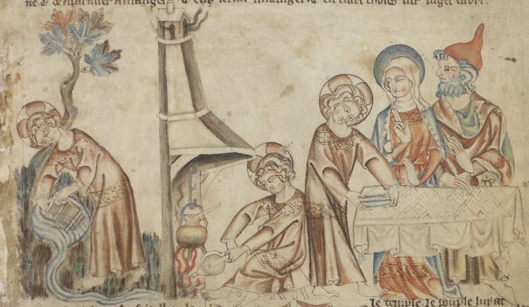 The Bible says little about Jesus’ childhood – but medieval Christians enjoyed tales of him as holy ‘rascal’ A faded manuscript illustration shows the same boy fetching water, tending a fire, and working at a table as a man and woman look on.