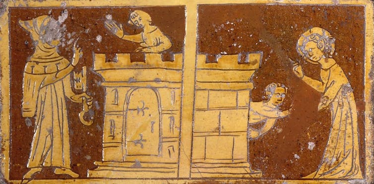 The Bible says little about Jesus’ childhood – but medieval Christians enjoyed tales of him as holy ‘rascal’ A dark red or brown tile has lighter etchings on it, with scenes of a man standing next to a tower that a child stands atop, and then the child exiting the tower as another figure with a halo looks on.