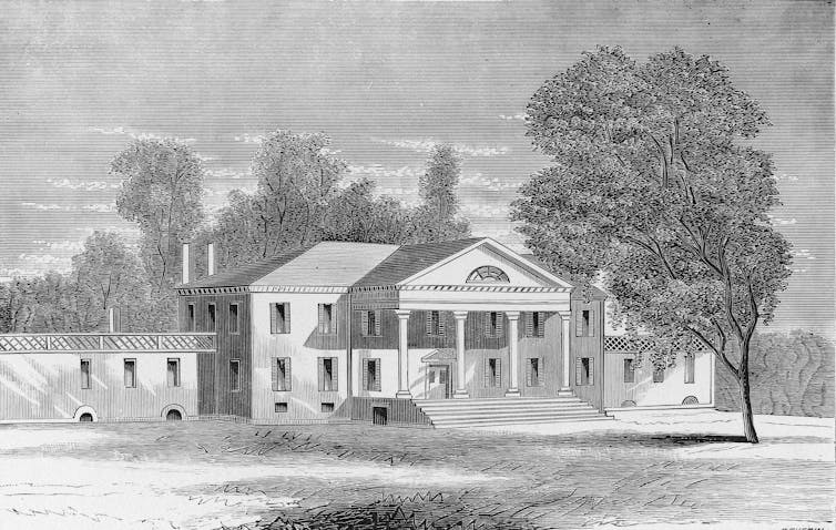 Black-and-white sketch of a large colonial-era mansion with columns and a broad porch and a large tree in the foreground.