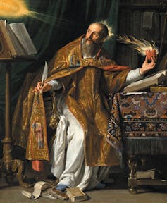 A painting of a bearded man in a gold robe looking off to the left as he seems to receive a spiritual vision.